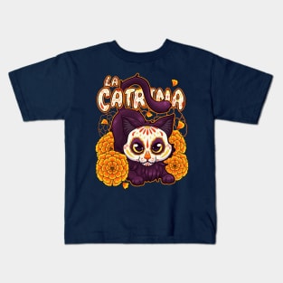 black furry cute cat with catrina skull mask and flowers Kids T-Shirt